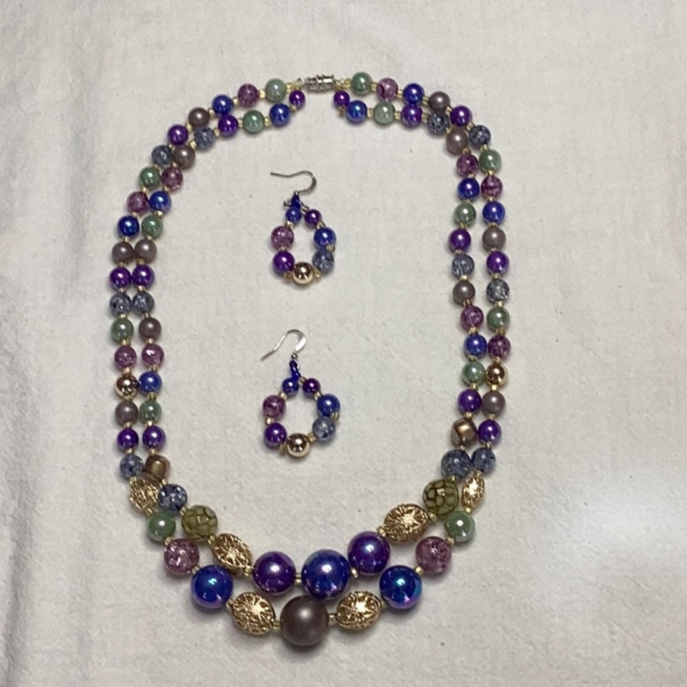 Dual Strand Necklace & Beaded Hoops Set